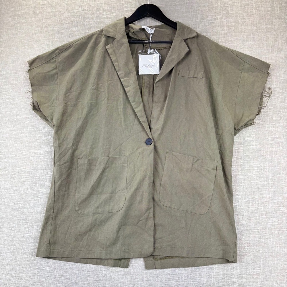 Kdd Collection Womens Olive Green Cotton Short Sleeve Raw Edge Blazer Top NWT